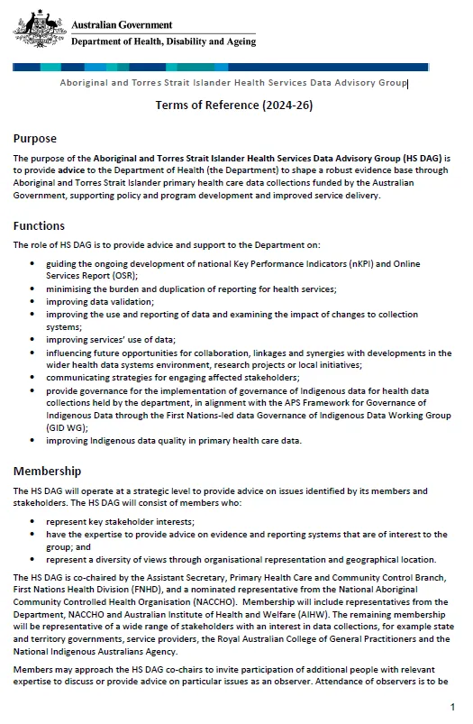 Aboriginal and Torres Strait Islander Health Service date advisory group: Terms of reference cover page
