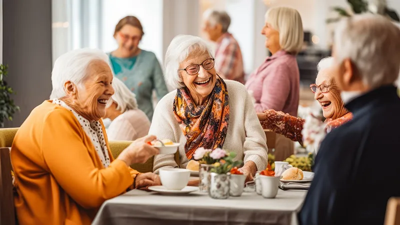 Photo of a group of elderly people smiling and sitting around a table enjoying afternoon tea