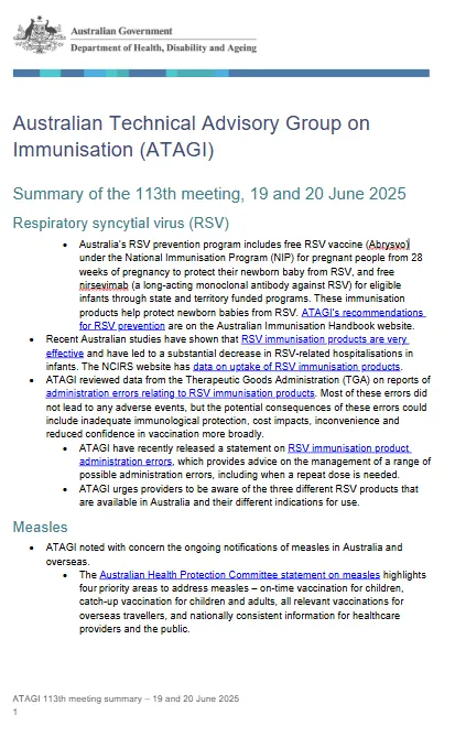 Cover page for the 113th ATAGI meeting bulletin