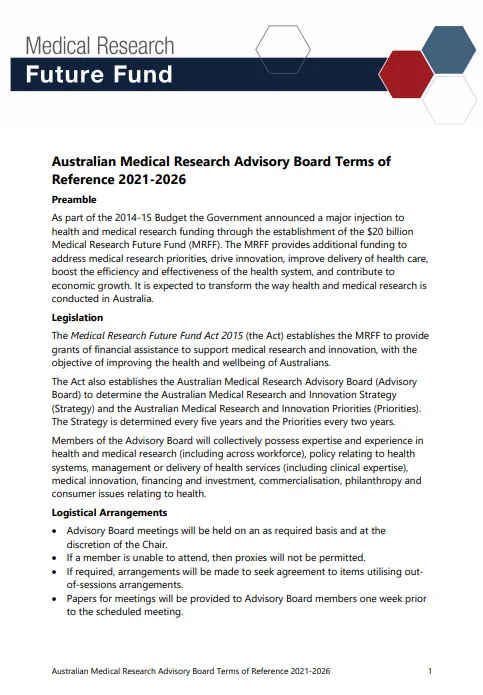 Cover image Australian Medical Research Advisory Board – Terms of reference