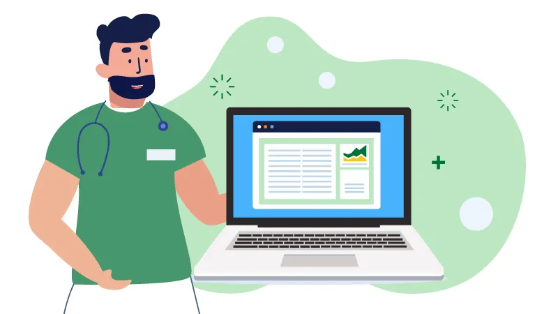 Thumbnail image-Doctor at computer-illustrated