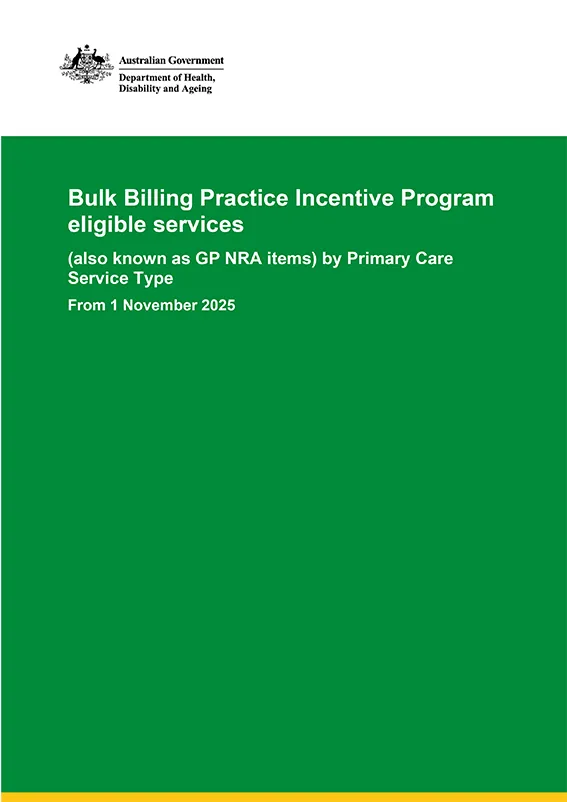 Thumbnail of cover: text says Bulk Billing Practice Incentive Program: eligible services