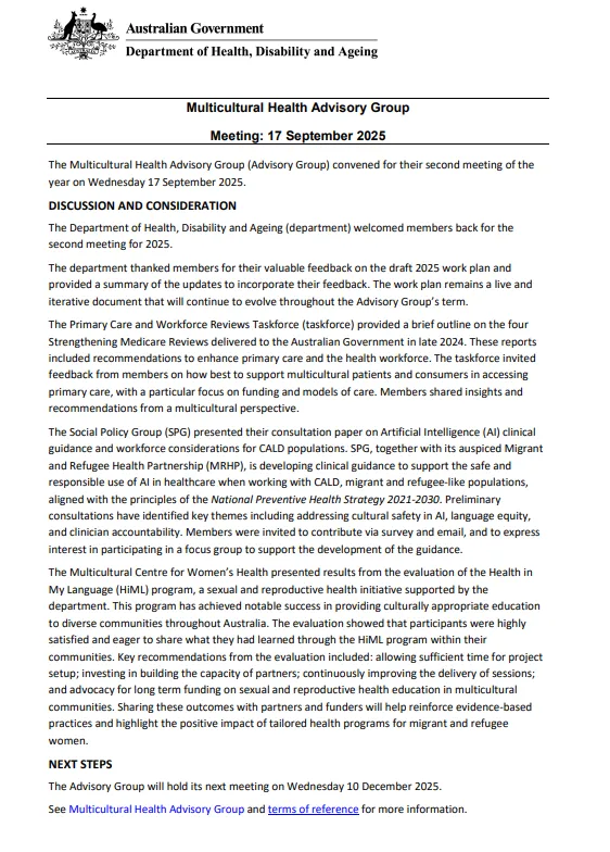 Cover page for the CALD Communities Health Advisory Group communique – 17 September 2025