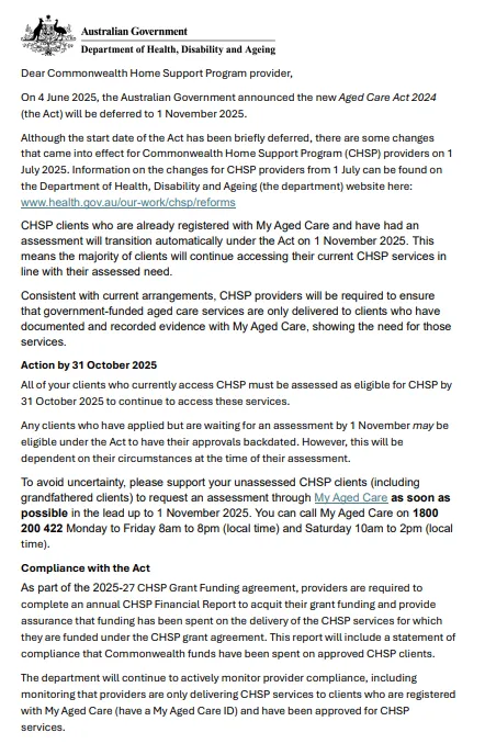 Commonwealth Home Support Program (CHSP) changes from 1 November 2025 – letter to providers 