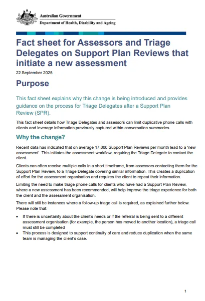Fact sheet for Assessors and Triage Delegates on Support Plan Reviews that initiate a new assessment cover image