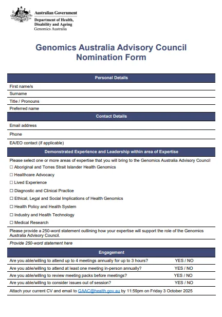 Cover image of the Genomics Australia Advisory Council Nomination Form