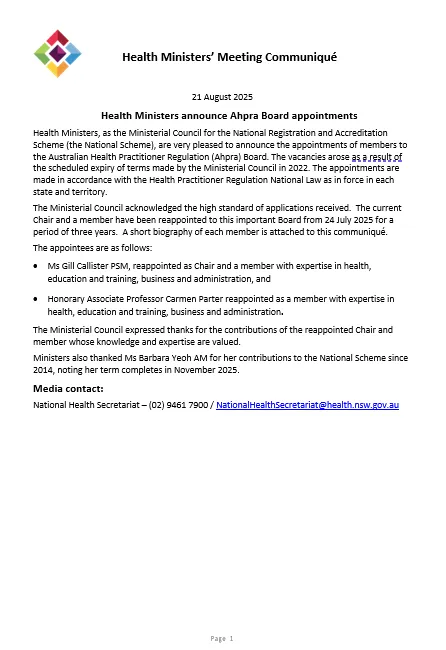 Health Ministers announce Ahpra Board appointments cover page