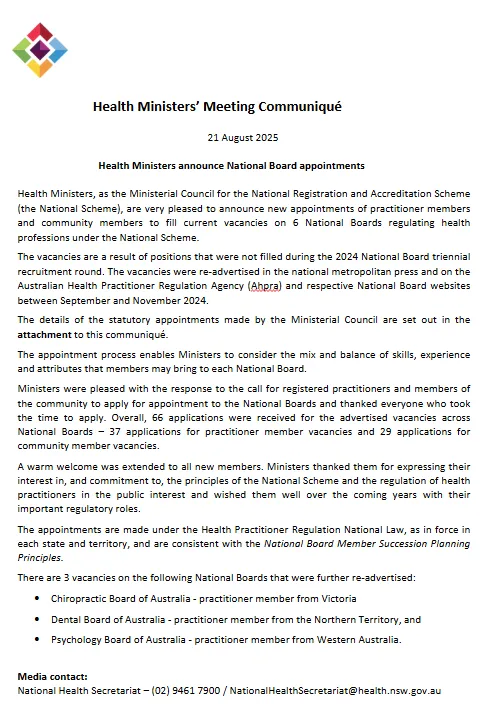 Health Ministers announce National Board appointments cover page