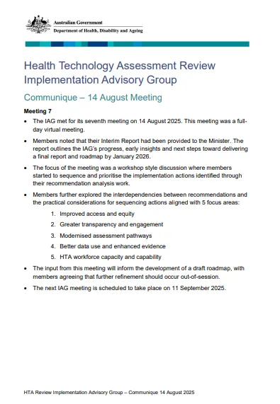 HTA Review Implementation Advisory Group communique – 14 August 2025 cover page