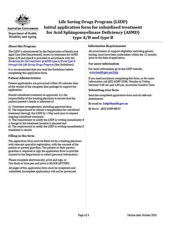 Thumbnail of form: Life Saving Drugs Program – Acid sphingomyelinase deficiency (ASMD) types A/B and B – Initial application
