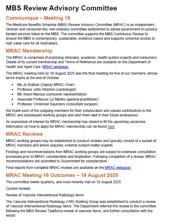MBS Review Advisory Committee communique – August 2025 cover page