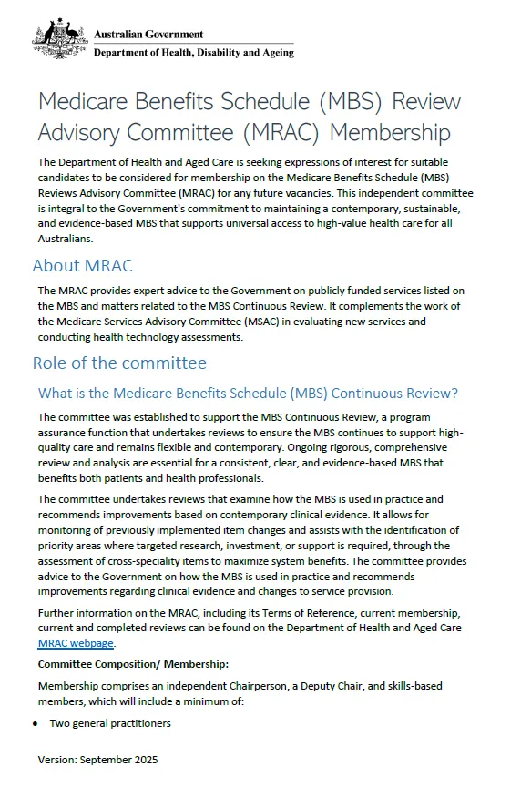 Medicare Benefits Schedule Review Advisory Committee – Terms of reference cover page