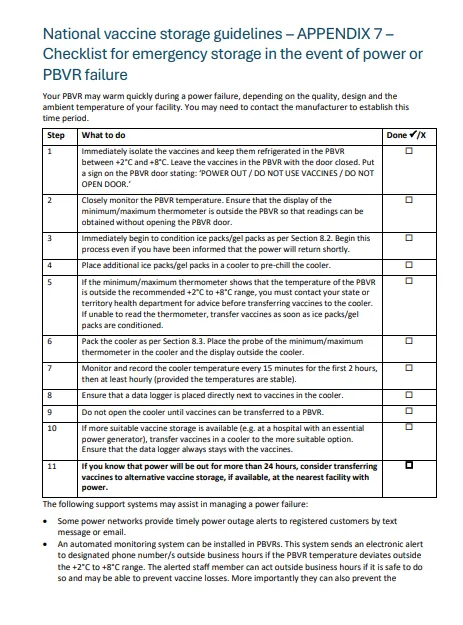 Cover image for the National vaccine storage guidelines – APPENDIX 7 – Checklist for emergency storage in the event of power or PBVR failure