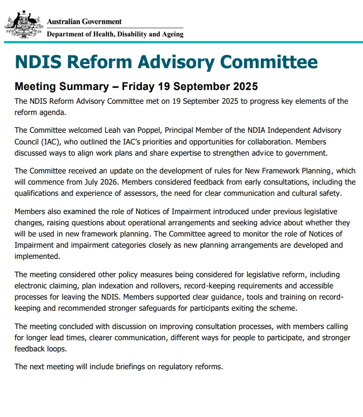 NDIS Reform Advisory Committee Meeting Summary – 19 September 2025 cover page