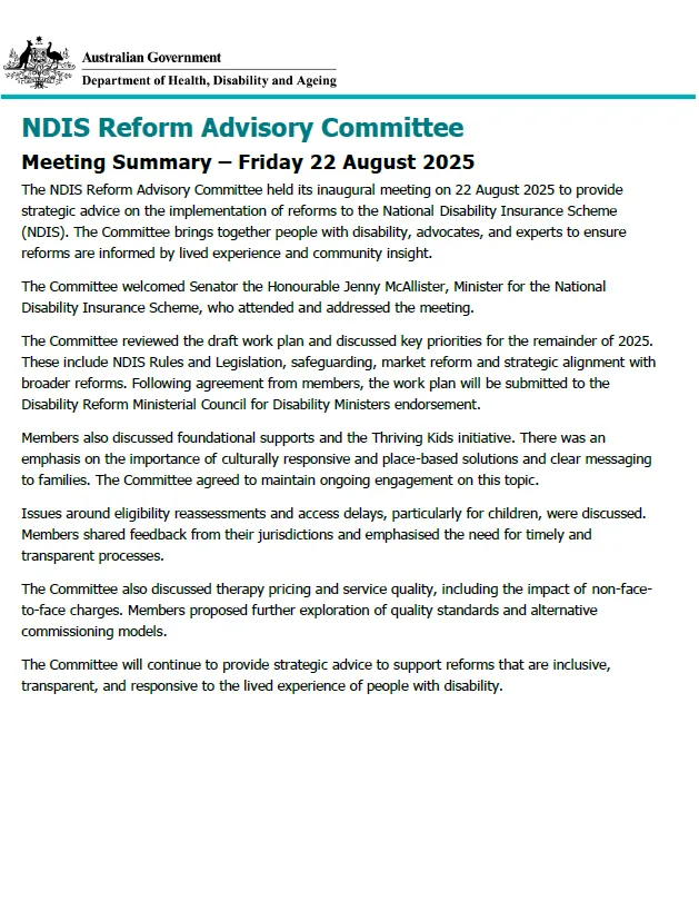 NDIS Reform Advisory Committee Meeting Summary – 22 August 2025 cover page
