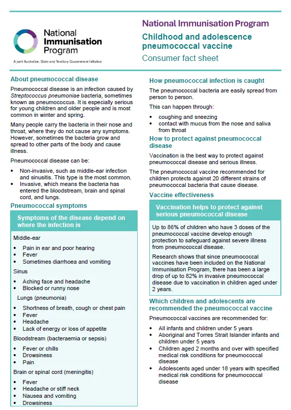 Cover image for the NIP childhood and adolescence pneumococcal vaccine consumer fact sheet (Sept 2025 update)