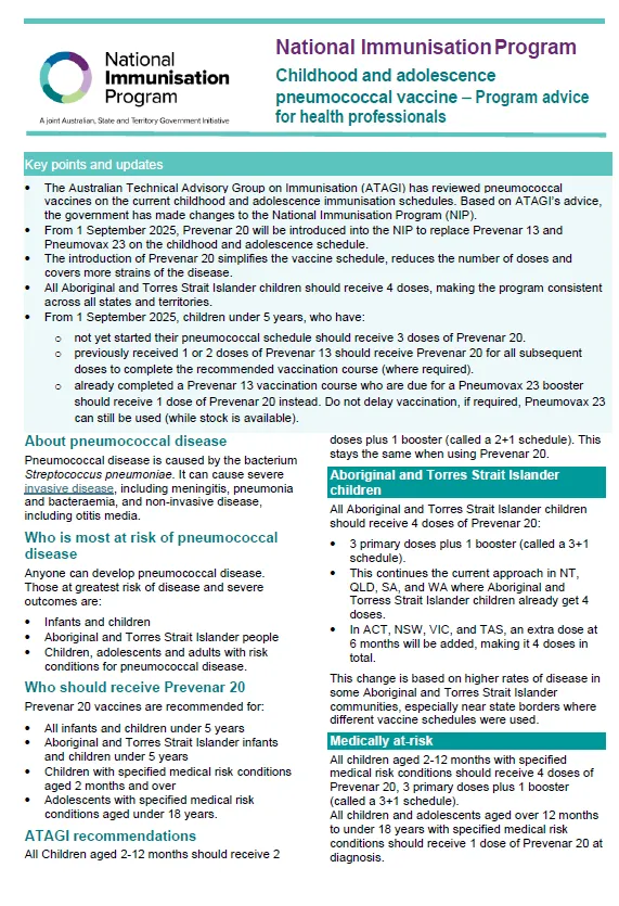 Cover image for the NIP childhood and adolescence pneumococcal vaccine provider advice for health professionals (Sept 2025 update)