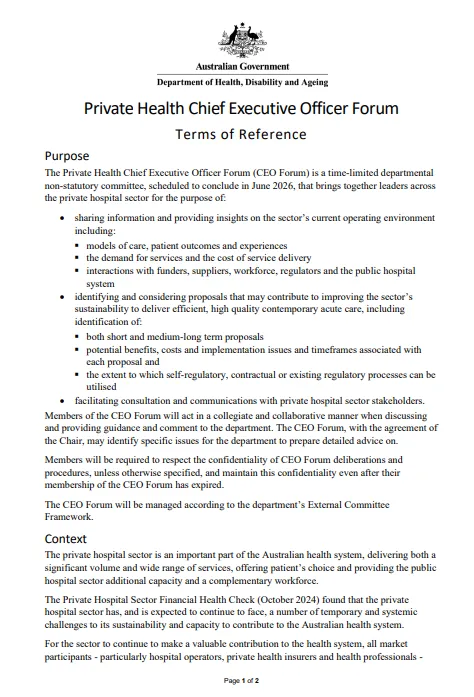 Private Health Chief Executive Officer Forum – Terms of reference cover image