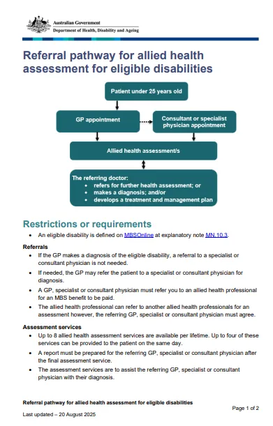 Referral pathway for allied health assessment for eligible disabilities – Flowchart cover image