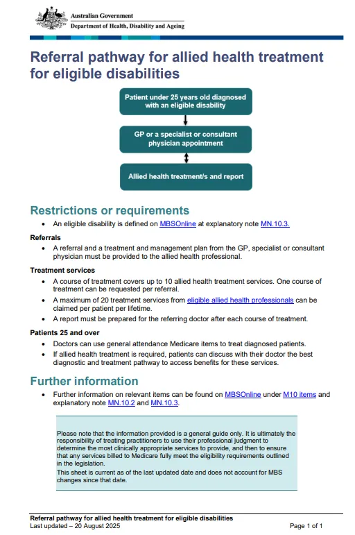 Referral pathway for allied health treatment for eligible disabilities – Flowchart cover page