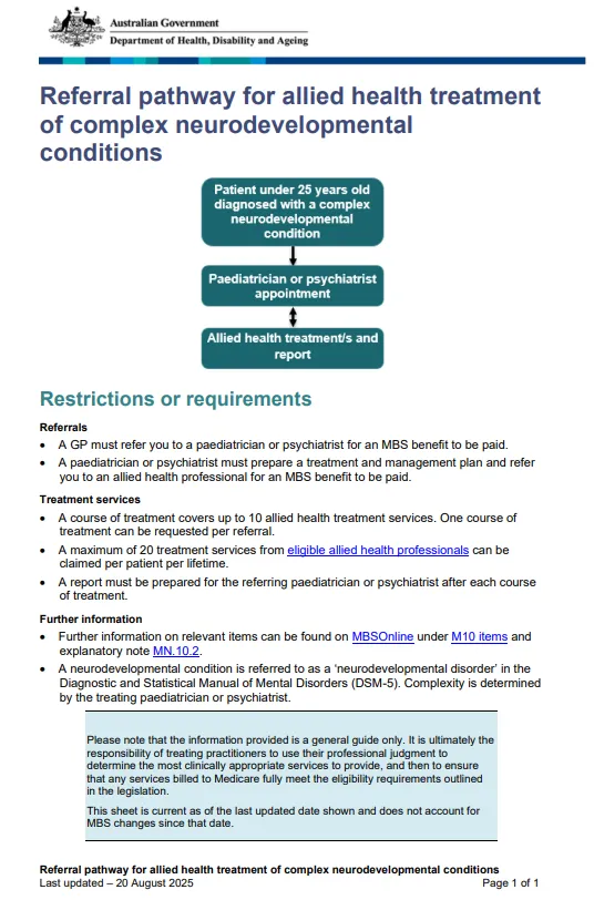 Referral pathway for allied health treatment of complex neurodevelopmental conditions – Flowchart cover image