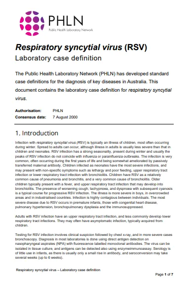 Cover page for the Respiratory syncytial virus – Laboratory case definition
