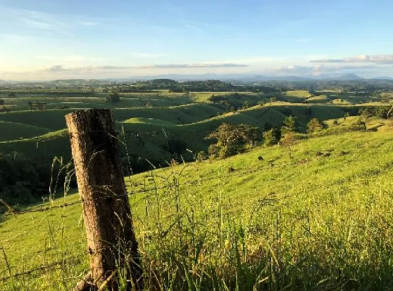 Landscape image of rolling green hills and an old wooden fence post in the foreground