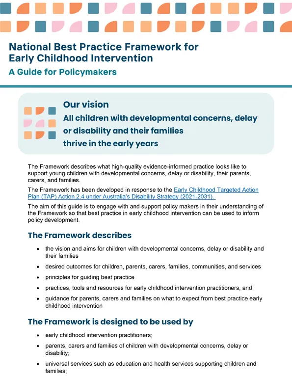 The National Best Practice Framework for Early Childhood Intervention – A guide for policy makers