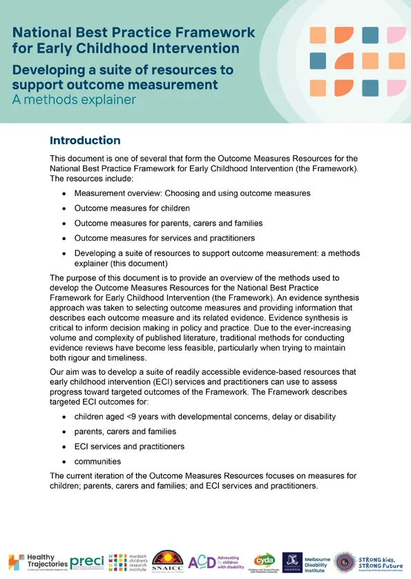 The National Best Practice Framework for Early Childhood Intervention – Outcome measures for communities