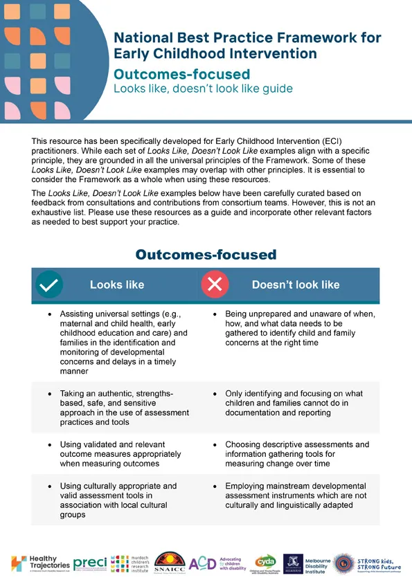 The National Best Practice Framework for Early Childhood Intervention – Looks like, doesn't look like – Outcomes-focused
