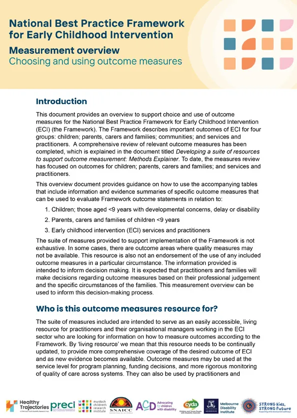 The National Best Practice Framework for Early Childhood Intervention – Measurement overview – Choosing and using outcome measures