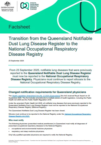 Cover page for Transition from the Queensland Notifiable Dust Lung Disease Register to the National Occupational Respiratory Disease Registry Fact sheet