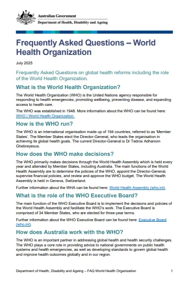 Cover page for the Frequently Asked Questions – World  Health Organization fact sheet