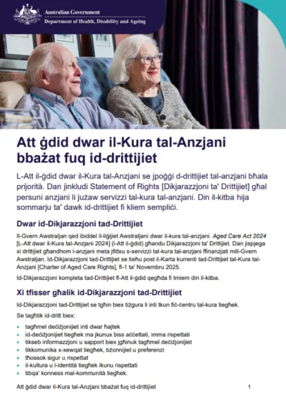 Cover page for the  A new Aged Care Act for the rights of older people fact sheet in Malti