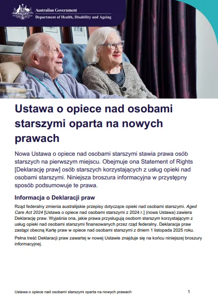 Cover page for the A new Aged Care Act for the rights of older people fact sheet in Polish