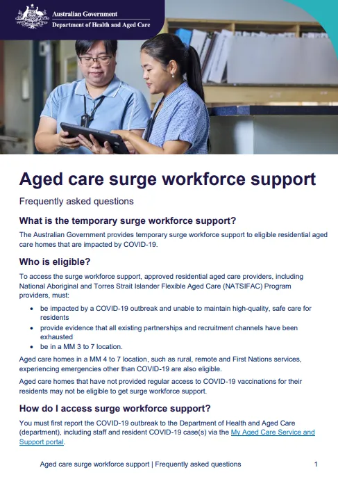 Aged care surge workforce support FAQ cover page