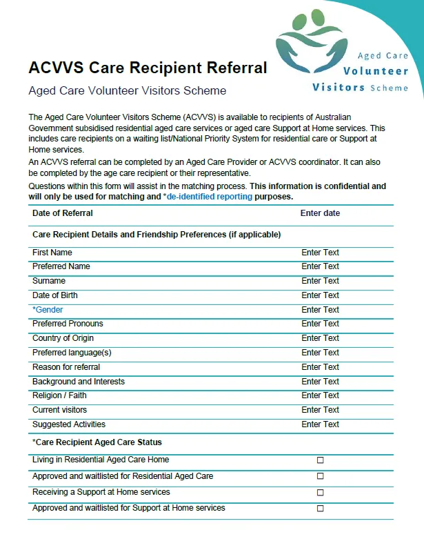 Cover page for the ACVVS Care Recipient Referral form