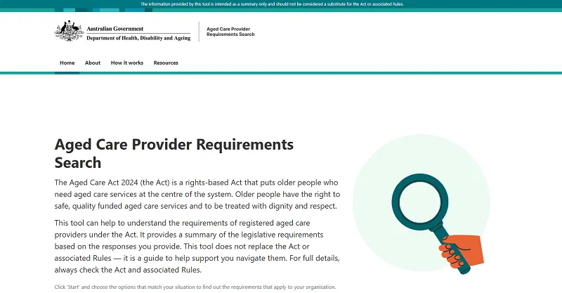 Screen capture of the Aged Care Provider Requirements Search tool website