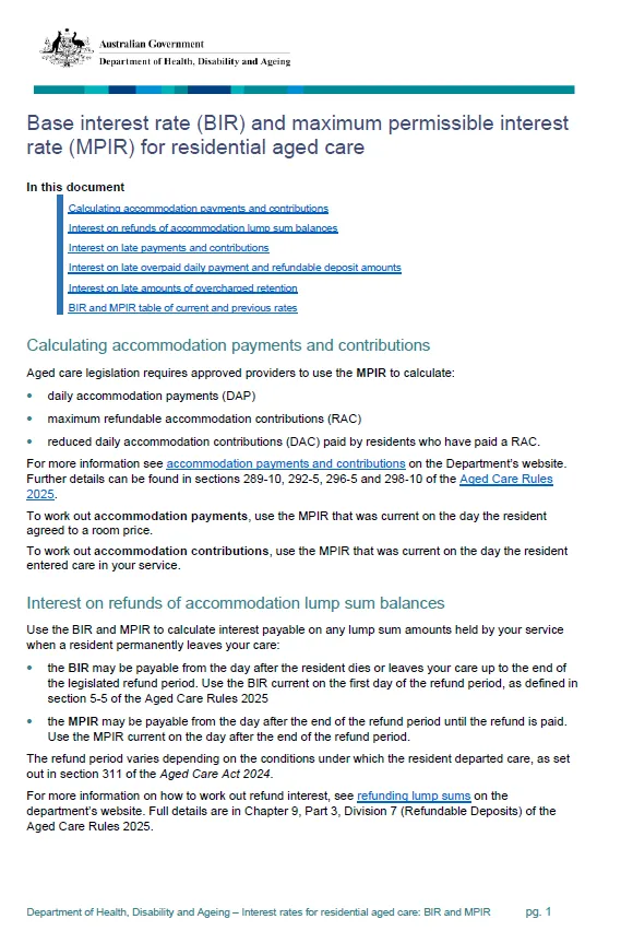 Base interest rate (BIR) and maximum permissible interest rate (MPIR) for residential aged care cover page
