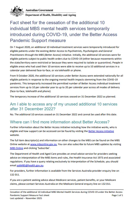 Better Access Cessation of the additional 10 sessions cover page