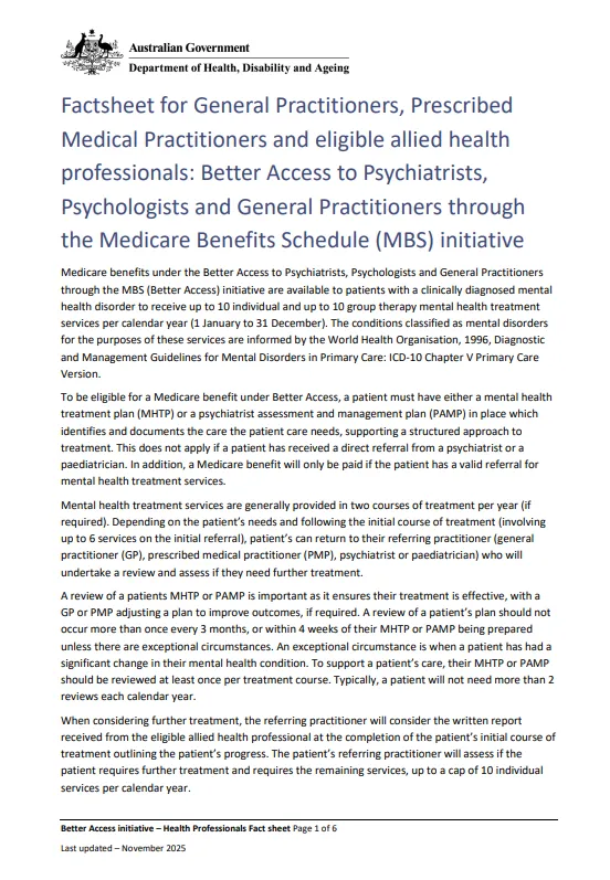 Factsheet for General Practitioners, Prescribed Medical Practitioners and eligible allied health professionals – Better Access to Psychiatrists, Psychologists and General Practitioners through the Medicare Benefits Schedule (MBS) initiative cover page