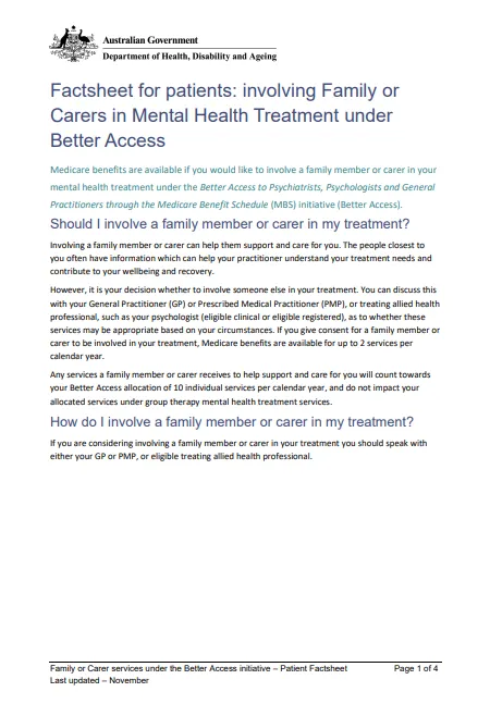 Better Access – Involving family or carers in my mental health treatment cover page