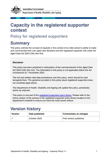 Capacity in the registered supporter context policy cover page