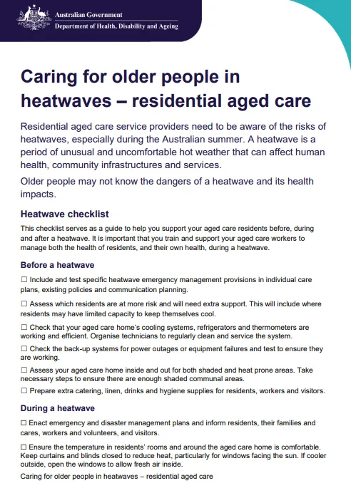 Caring for older people in heatwaves – Residential aged care cover page