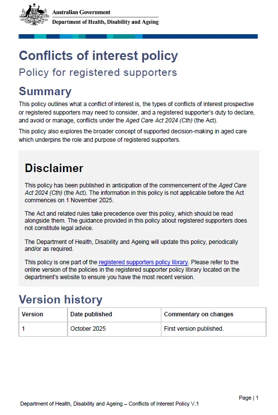 Conflicts of interest policy cover page