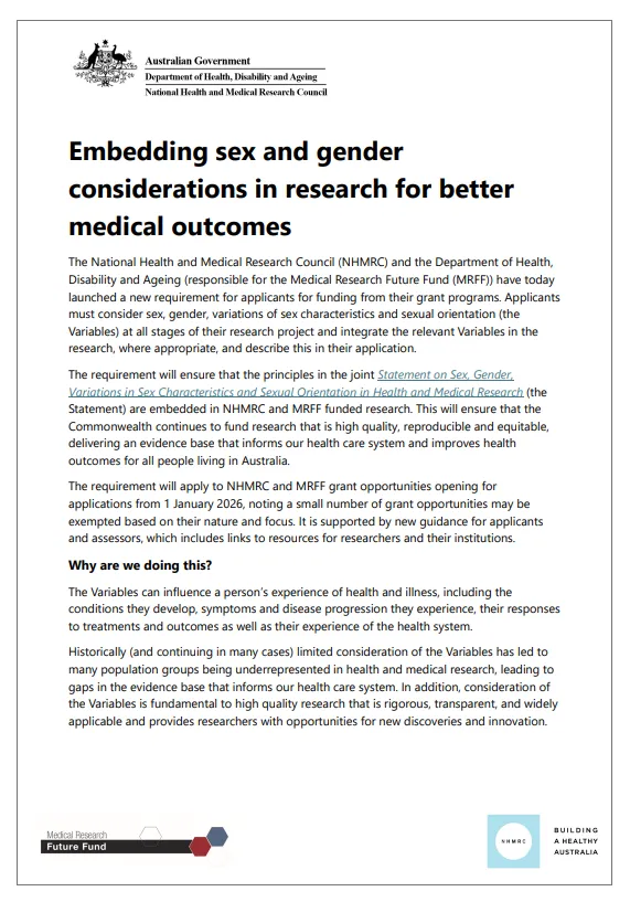 Cover page for Embedding sex and gender considerations in research for better medical outcomes