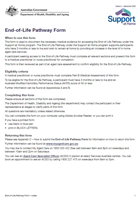 End-of-life pathway form cover page