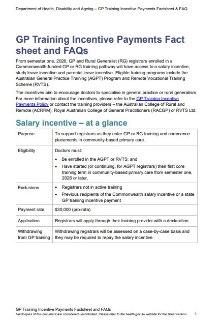 GP Training incentive payment fact sheet and FAQs