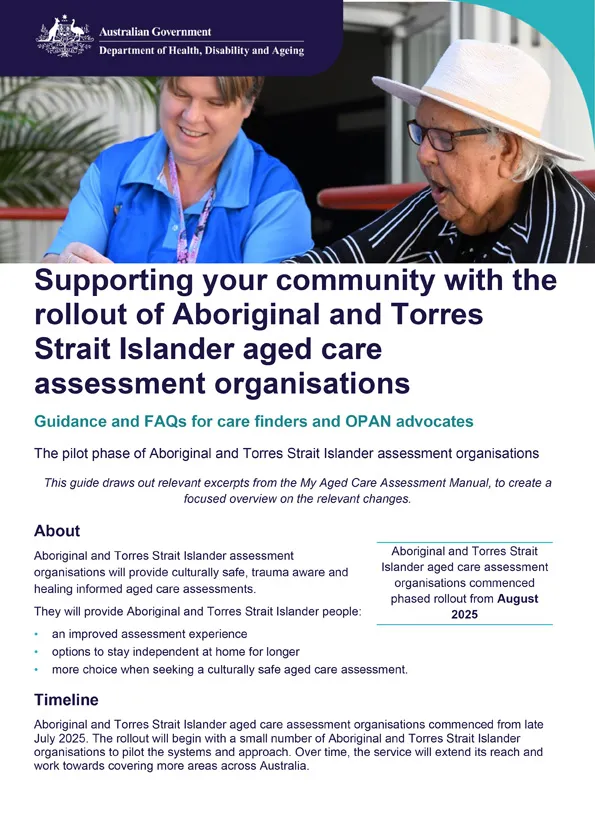 Guidance material for care finders and OPAN advocates – Aboriginal and Torres Strait Islander aged care assessment organisations