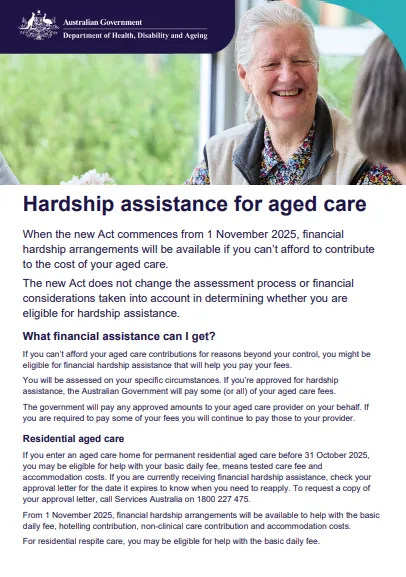 Hardship assistance for aged care cover page
